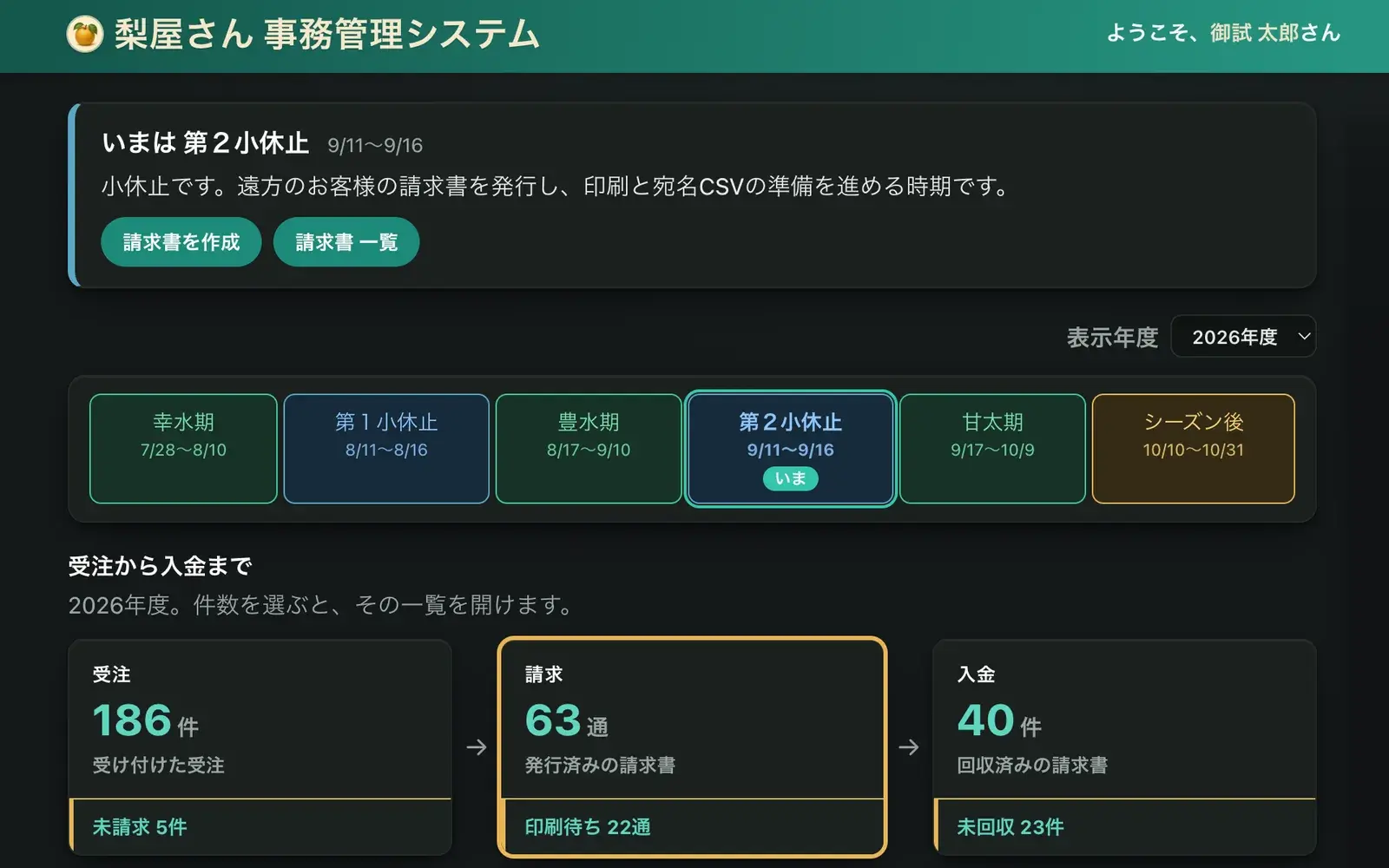受注・請求・入金を管理する梨屋さん事務管理システムの画面